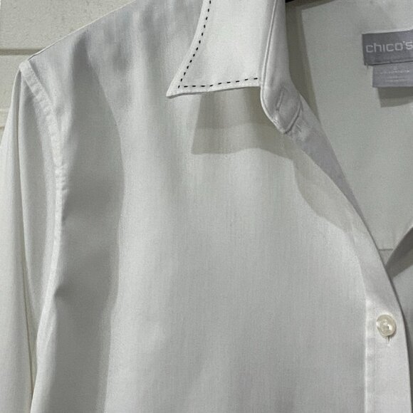 Chicos No Iron Sz 3 (XL) Women's White Blouse Shirt Long Sleeve Black Stitching - Picture 3 of 9